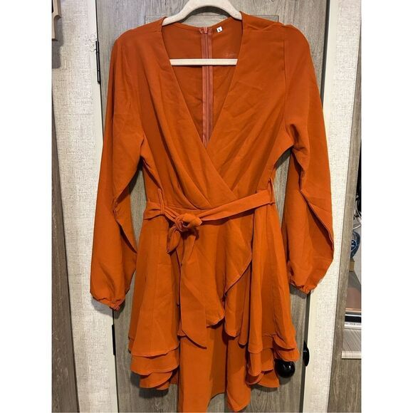 NEW ZESICA Casual Wrap V Neck Tie Waist Dress Rust Large - Picture 5 of 5
